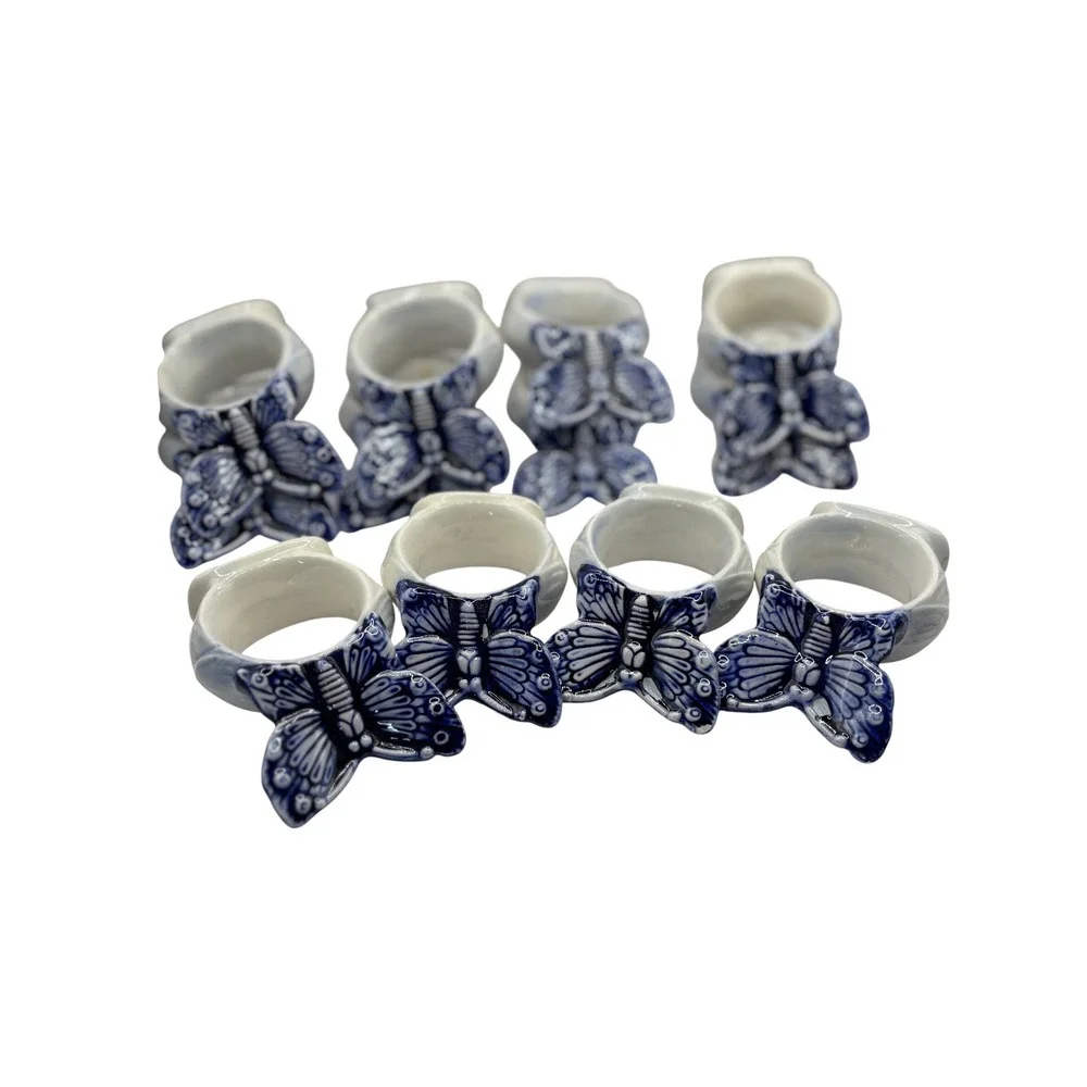 Vintage Handcrafted Butterfly Napkin Rings Set of 8 Blue White‎ Ceramic Decor
